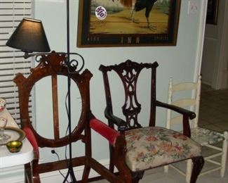 Victorian chair frame, Chippendale style ball and claw arm chair, child's chair, wrought iron lamp