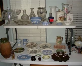 Silver overlay and silver deposit on glass, plates, pitchers, Wedgwood
