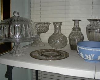 Decanters, covered cake pedestal, silver overlay vase, glass compote