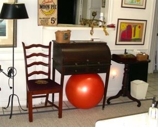 Cylinder desk, ladder back chair, wrought item lamp, side table