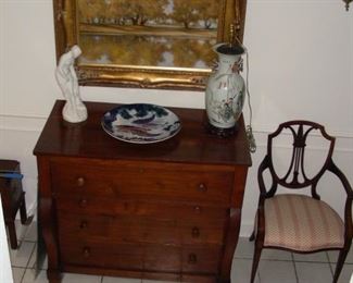 MacFarland oil on canvas, period Federal chair, alabaster sculpture, Oriental lamp and charger