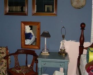 Mirrors, corner chair, painted table, lamps