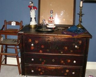 Painted chest, child's highchair, lamps