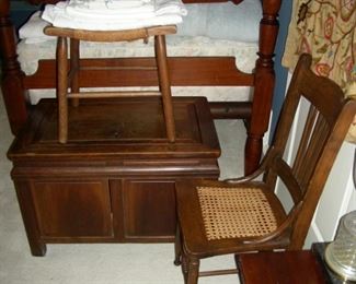 Chest, foot stool, chair with cane seat