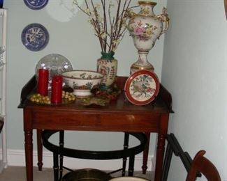 Desk, Blue Willow plates, Love Field crock, decorative items
