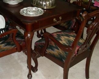 Harden game table, set of 4 Chippendale style arm chairs, Coalport India Tree china