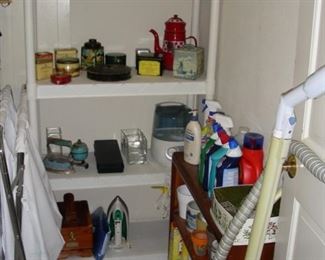 Vintage tins, cleaning supplies, vac cleaner