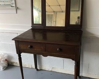 Primitive dressing vanity table with tri folding mirror. Mirror is not attached just resting on table for photo.