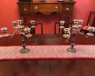 Pair of antique English heavy silver plate 5 arm candelabras.