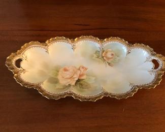 RS Prussia Rose floral motif with heavy gold trim celery relish dish. Fabulous piece!