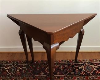 Seay Furniture Co. mahogany handkerchief table, side folds down for a triangular shape or opens to a square.