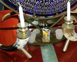 Pair of Horn and Silver Candle Holders