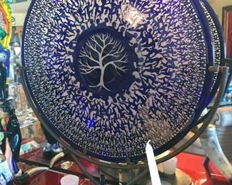 Large Glass Indigo Tree of Life Platter on Wrought Iron Stand