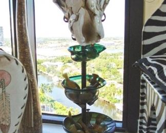 Fused Blown Glass Buffalo Skull Sculpture on Stand with 3-Tier Blown Glass Bowls