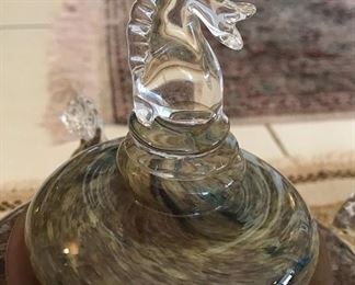 Blown Glass Bowl with Lid & Horse Head detail