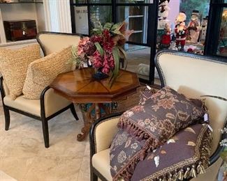 Pair of contemporary wing chairs; hexagon pedestal table