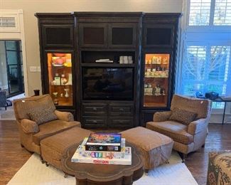 Upholstered storage bench, pedestal table, 47" TV 
