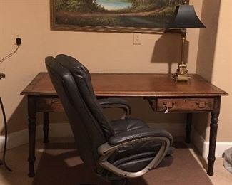 Antique desk, original artwork, lamp