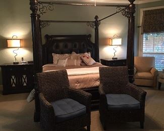 King four poster bed w/nightstands; custom bedding