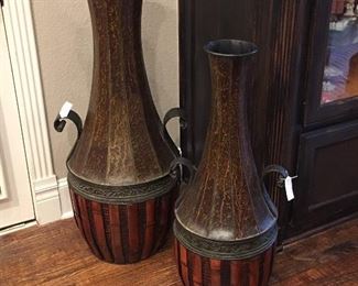 Large metal & wood vases