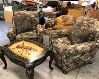 Another view of those two matching recliners. A cute little gold coffee table to match!