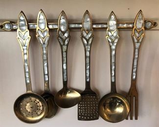 Unique set of brass mother of pearl inlaid utensils