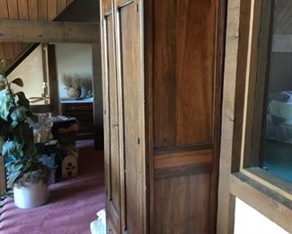 Early American Walnut Armoire Wardrobe Cabinet - Beautiful detail and great for storage - Thin to fit against any wall
