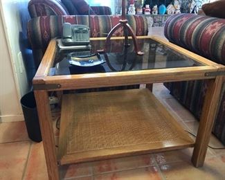 Large solid wood table with Rattan bottom and matching small end table