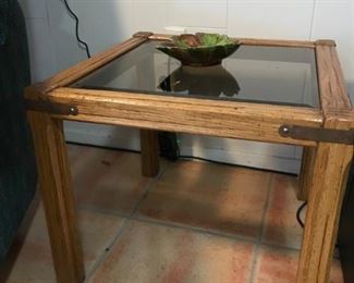 Large solid wood table with Rattan bottom and matching small end table