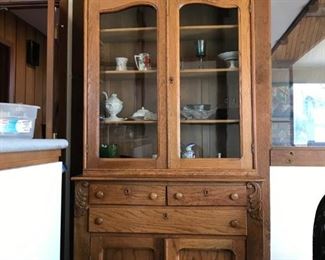 1930's Kitchen Cabinet Hutch - solid wood and lovely detail, vintage glass front and plenty of storage