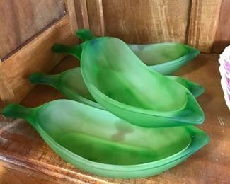 Vintage frosted green glass banana bowls