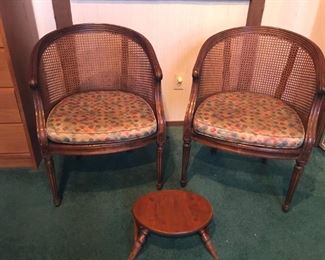 Vintage pair of Rattan back chairs and small wooden foot stool