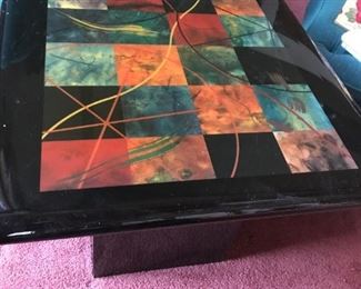 Black pedestal Accent table with colorful inlay