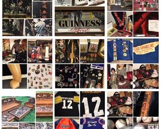 Chinese Panel, sports jerseys, Mickey Mantle signed baseball, beer advertising, Rare carved furniture