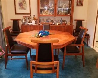 Octagonal Dining Room Table with 2 leaves, chairs and cabinet.  Foster McDavid Furniture Company