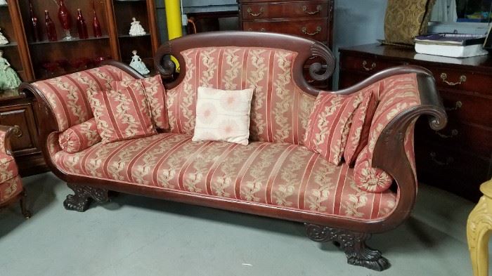 Antique Victorian Cleopatra style French Provincial sofa with animal foot front legs 100.25"W 