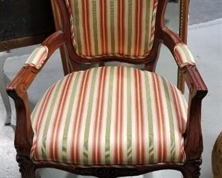 2 French Provincial striped padded fabric solid wood armchairs