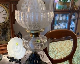 #5		Clear Flower Etched 20" Table Oil lamp w/Cast Iron base	 $60.00 
