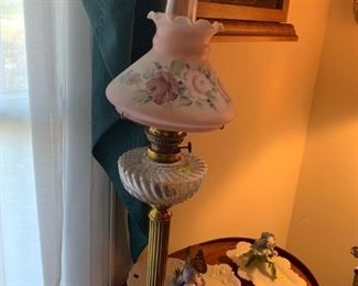 #11		Tall Brass Base Oil Lamp w/Pink hand-painted Globe 30" Tall as is	 $45.00 

