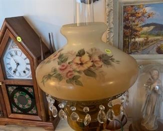 #26		Brown/tan Hand-painted Dogwood Blossoms w/24" Tall Brass Base Oil Lamp	 $50.00 
