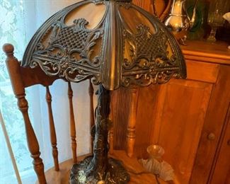 #52		Brown/White Stained Glass w/brass carved shade w/Cast Iron Base	 $175.00 
