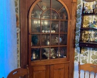 #53		Wood Corner Pine Display Cabinet  40x21x90 w/Oval arch Glass Front w/1 shelf	 $100.00 
