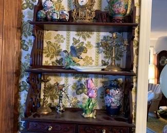 #54		3 shelf wood Wall Display Shelf w/2 drawers & Brass Pulls 21x8x36	 $125.00 
