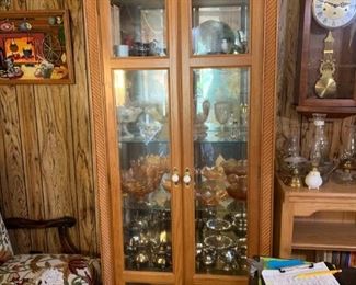 #83		Tall Oak/Glass Display Cabinet w/4 shelves & Lighted 32x12x28	 $200.00 
