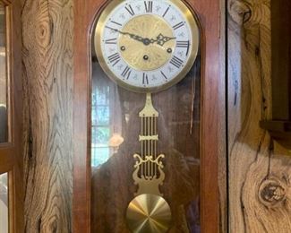 #90		Wall Clock w/ Brass Face w/Brass Pendulum 12x5x29 w/key	 $150.00 
