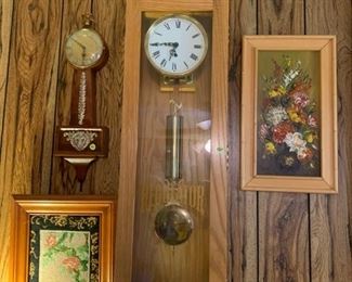 #92		Wall Oak Regulator Clock w/Eagle on Top   12.5x7x49	 $150.00 	

