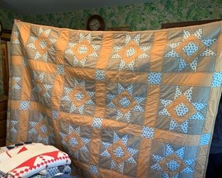 #129 Twin Handquilted Star on point brown/blue flower quilt $55.00