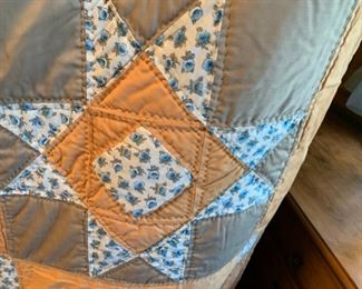 #129		Twin Handquilted Star on point brown/blue flower quilt	 $55.00 

