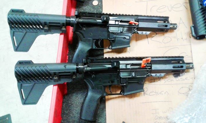 Hard to get: Factory Fresh New: M-215 9 MM Hell Fire Pistol With short 4 inch Barrel close in size to the famous old Mac-10. Comes with Shoulder Brace & 30 Round Glock Magazine  Made by I.O. with high quality materials  in Melbourne. Overall dimensions are 15 x 15.5 inches.  Buyers must undergo back ground check and waiting period unless already in possession of  a carry permit and then only back ground check and immediate possession. 