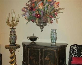 Carved Gilt Pedestal w/Dolphin motif, French Japanned Commode, Hanging Urn w/Floral, Pr Mandarin Chairs. Chinese Export Vase mounted with Brass Candelabra